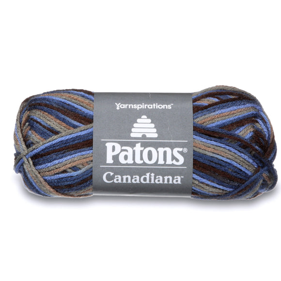 Ball of Patons Canadiana in colourway Wedgewood Variegate (denim, country blue, taupe, grey, chocolate)
