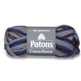 Ball of Patons Canadiana in colourway Wedgewood Variegate (denim, country blue, taupe, grey, chocolate)