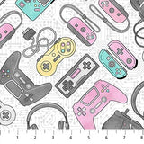 Square swatch White fabric (white fabric with grey circuit board style background and tossed coloured nintendo style controllers and headphones allover)