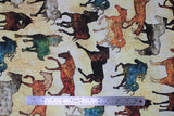 Flat swatch horse toss fabric (white/beige marbled look fabric with coloured tossed horse outlines in natural shades brown, orange, white, green, blue)