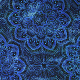 Square swatch of blue floral intricate design fabric (dark fabric with medium blue shades floral look mandala pattern)