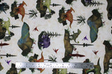 Flat swatch dinosaur printed fabrics in cream (white fabric with tossed brown rocks allover and dinosaurs in various colours/styles)