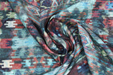 Swirled swatch bohemian printed fabric in teal colours (busy bohemian/southwest look print in blues, pink, white colourway)