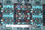 Flat swatch bohemian printed fabric in teal colours (busy bohemian/southwest look print in blues, pink, white colourway)