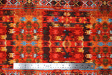 Flat swatch bohemian printed fabric in cayenne (busy bohemian/southwest look print in reds, black, blue, yellow, white colourway)