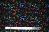 Flat swatch assorted ethereal printed fabric in spectrum (multi-coloured with black background)