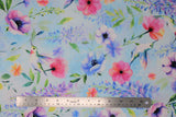Flat swatch sky fabric (white/light blue marbled fabric with tossed pink, purple and white floral with greenery and blue/green hummingbirds)
