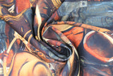 Swirled swatch rust fabric (brown/rust colourway country/western themed emblems collage: black boots, brown hats and gloves, white rope, horse saddles and bits, etc.)