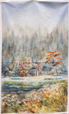 Full panel swatch - River Panel (26" x 45") (small cottage on green grass property with close lake and greenery, tall forest trees behind getting misty as they go up, blue sky)
