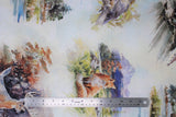 Flat swatch natural fabric (white/off white fabric with small assorted watercolour look woodland scenes showing nature and woodland creatures: foxes, deer, etc.)