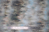 Flat swatch mist fabric (pale blue/grey marbled fabric with faint grey, black, olive tree silhouettes and a misty look)