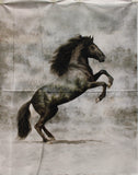 Full panel swatch - horse panel (33" x 45") white, grey, brown marbled look background with large dark bucking horse in center with faintly visible forest within body)