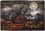 Full panel swatch - Haunted Halloween Panel (30" x 45") (large rectangular outdoor spooky halloween scene with an abandoned looking brown shed in the center, surrounded by pumpkins and jack-o-lanterns, dark stormy sky with full moon above, spooky trees and flying birds)