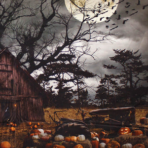 Square panel swatch - Haunted Halloween Panel (30" x 45") (large rectangular outdoor spooky halloween scene with an abandoned looking brown shed in the center, surrounded by pumpkins and jack-o-lanterns, dark stormy sky with full moon above, spooky trees and flying birds)