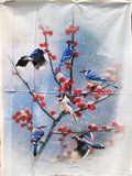 Full panel swatch - Bluejay Panel (33" x 45") (white rectangular panel with center image of lightly snow covered brown tree branch with snowy blue sky background, red berries on the braches and 6 bluejays around branches in various positions)