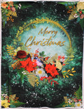 Full panel swatch - Merry Christmas Emerald Panel (33" x 45") (centered gold wreath with heavy floral and greenery on bottom half with a blue bird sitting in there, "Merry Christmas" text in gold all on a marbled look green background with white paint look splatters, colourful floral and greenery in corners)