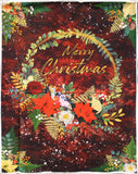 Full panel swatch - Merry Christmas Garnet Panel (33" x 45") (centered gold wreath with heavy floral and greenery on bottom half with a blue bird sitting in there, "Merry Christmas" text in gold all on a marbled look burgundy background with white paint look splatters, colourful floral and greenery in corners)