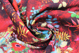 Swirled swatch garnet bird fabric (dark red/burgundy marbled look fabric with large floral and greenery clusters tossed in blue, red, white, yellow, green, brown colourway with various leaves and floral, blue and pink birds)