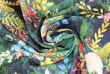 Swirled swatch emerald bird fabric (dark green marbled look fabric with large floral and greenery clusters tossed in blue, red, white, yellow, green, brown colourway with various leaves and floral, blue and pink birds)