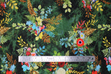 Flat swatch emerald bird fabric (dark green marbled look fabric with large floral and greenery clusters tossed in blue, red, white, yellow, green, brown colourway with various leaves and floral, blue and pink birds)