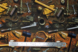 Flat swatch Woody II fabric (photographed tools collaged on woodgrain background: hammer, gloves, wrench, nuts, etc.)