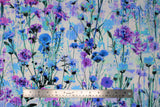 Flat swatch Garden Bliss: Lily fabric (white fabric with busy collaged/tossed shades of blue and purple monochromatic floral and stems allover)