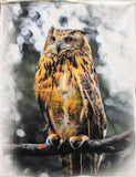 Full panel swatch Owl Panel - 32" x 45" (rectangular natural coloured panel with large orange and brown owl on branch with nature scene in body)