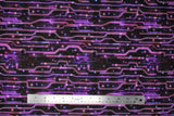 Flat swatch Electric Purple fabric (black fabric with bright purple space look lines/wires and dots allover)