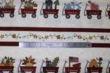 Flat swatch stripes fabric (off white fabric with lines of cartoon red wagons with different holiday elements within and white labels accordingly "Brrrr" on a wagon with a snowman inside, etc.)