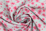 Swirled swatch pink flowers fabric (palest green fabric with tossed pink floral heads in various sizes allover and tossed pink and teal bullseye look polka dots small)