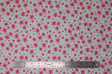 Flat swatch pink flowers fabric (palest green fabric with tossed pink floral heads in various sizes allover and tossed pink and teal bullseye look polka dots small)