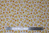 Flat swatch chicks fabric (white fabric with tossed small cartoon yellow chicks allover and pink and blue polka dots, tossed yellow floral heads)