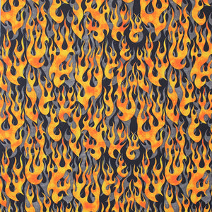 Square swatch fire alarm fabric (black fabric with orange/yellow flames layered over grey flames)