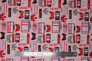 Group swatch Be My Player Two (video games) themed fabrics in various styles/colours
