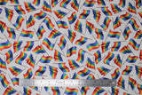Flat swatch pride flag toss fabric (white fabric with tossed waving rainbow flags with thin black poles)