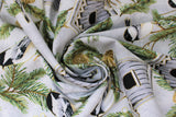 Swirled swatch birdhouses fabric (off white fabric with subtle pine tree sprig background in grey with tossed grey wooden birdhouses and green pine sprigs with brown pine cones and white berries, sparrow style birds in black and white, cream allover)