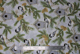 Flat swatch birdhouses fabric (off white fabric with subtle pine tree sprig background in grey with tossed grey wooden birdhouses and green pine sprigs with brown pine cones and white berries, sparrow style birds in black and white, cream allover)
