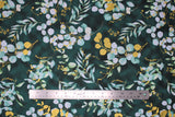 Flat swatch home sweet home fabric (dark green marbled look fabric with large tossed white and yellow floral in lily of the valley look, with tossed greenery leaves)