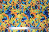 Flat swatch colourful fire fabric (black fabric with realistic look flames allover in blue, orange, yellow, green)