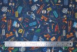 Flat swatch Tossed Tools Blue fabric (deep blue coloured fabric with tossed illustrative style full colour tools: hammers, wrenches, paint brushes, tool boxes, etc.)