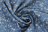 Swirled swatch Tossed Hardware Blue fabric (dark blue fabric with tossed grey nuts, bolts, screws, etc.)