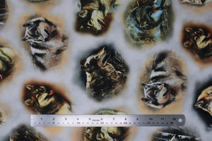 Group swatch assorted Majestic Wolves themed fabrics in various styles/colours