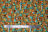 Flat swatch Stacked Tigers fabric (light teal fabric with busy stacked/tossed cartoon style baby tigers allover)