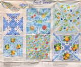 Full panel swatch - Fruit Bowls Panel  - (45"x 37") (instructional panel to create 3 fruit bowls: blue patterned fabrics with tossed coloured fruits allover)