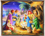 Full panel swatch - Nativity Scene Panel (36"x 45") (large rectangular panel showing illustrative style graphic of nativity scene with mary, joseph, 3 wise men and baby jesus with scattered farm animals)