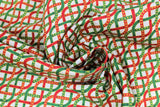 Swirled swatch Chain fabric (off white fabric with stripes of red and green wavy interlocking chain lines with gold metallic accents)