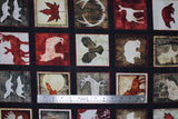 Flat swatch Squares fabric (black fabric with red thin outlined squares with animal shaped silhouettes and red, white, brown or grey backgrounds: beaver, bear, eagle, leaf, etc.)