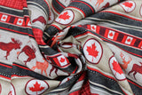 Swirled swatch Stripe fabric (Canadian themed stipes in various styles in greys and reds with flags, plaid, animals, etc.)