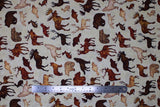 Flat swatch Animal Toss fabric (white fabric with tossed brown animal silhouettes: deer, moose, bear, beaver, wolf, etc.)