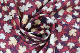 Swirled swatch Leaf Red fabric (red and black marbled look fabric with tossed neutral maple leaves allover)